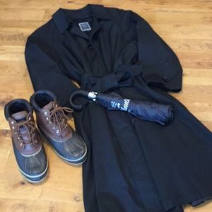 Trench coat, waders & umbrella